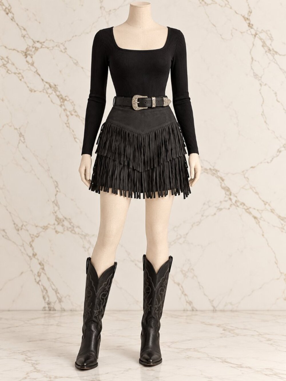 ALYA by Francesca’s Black Faux Suede Fringe Mini Skirt Western Cowgirl SZ Large - Picture 6 of 6